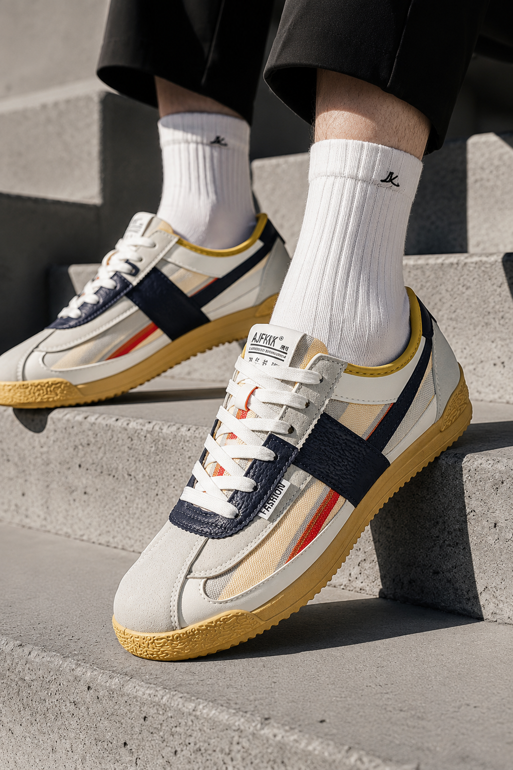 London Heritage Trainers in Navy Yellow on concrete steps