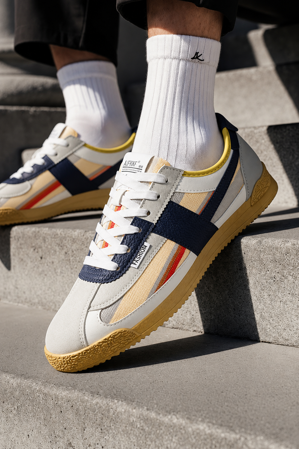 London Heritage Trainers Navy Yellow lifestyle angle on concrete steps